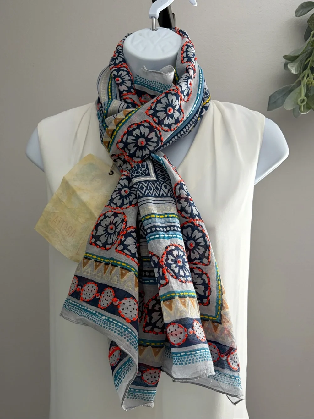 NWT Aratta Silent Journey Mulitcolor Cotton Scarf With Patterns and Embroidery